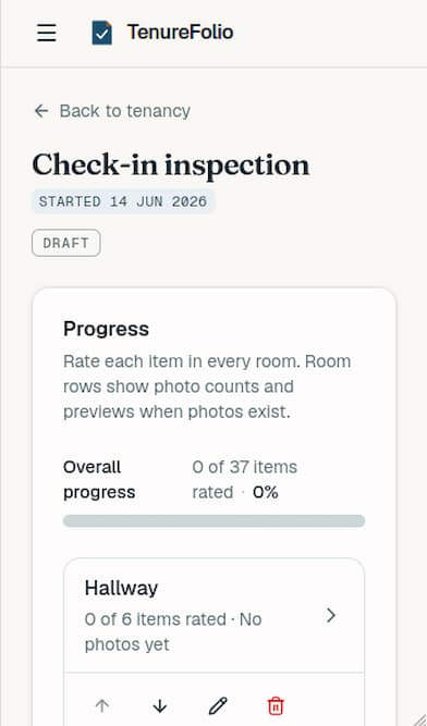Structured room-by-room checklist on mobile — condition ratings and photo evidence